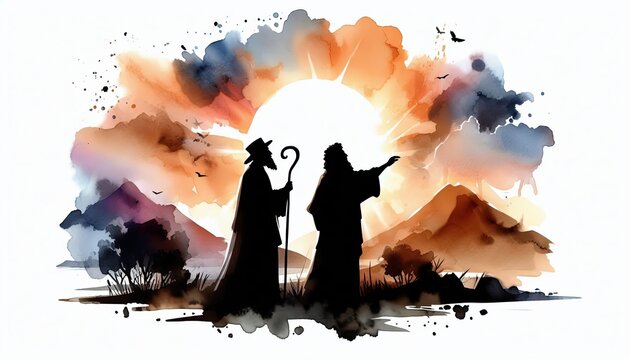 Watercolor illustration of moses and aaron with sun and mountains scenery art
