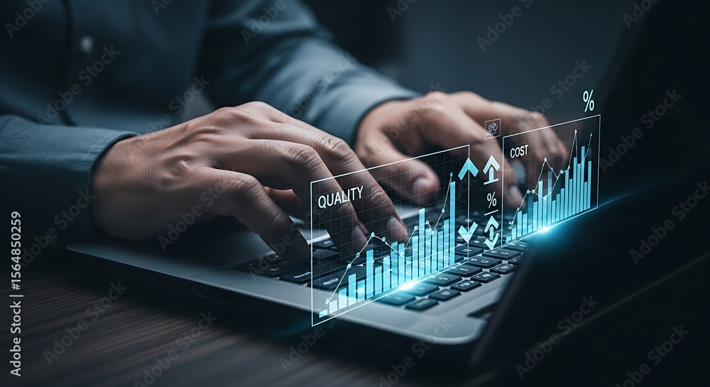 Aufkleber focused hands typing backlit laptop display showing crisp blue charts forecasting growth a modern da