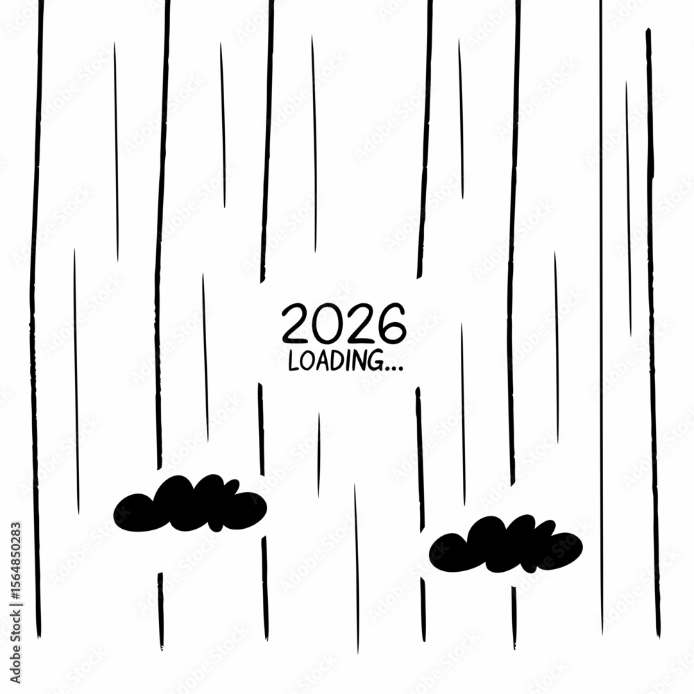 Poster raindrops fall as 2026 loading appears isolated on white background