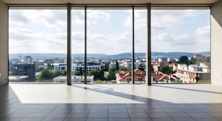 Beautiful blurred background of a light modern office interior with panoramic windows and beautiful lighting The setting is an interior room with a large window overlooking an urban landscape, suggest