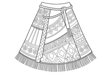 Ornate, patterned skirt with a woven belt and fringe.
