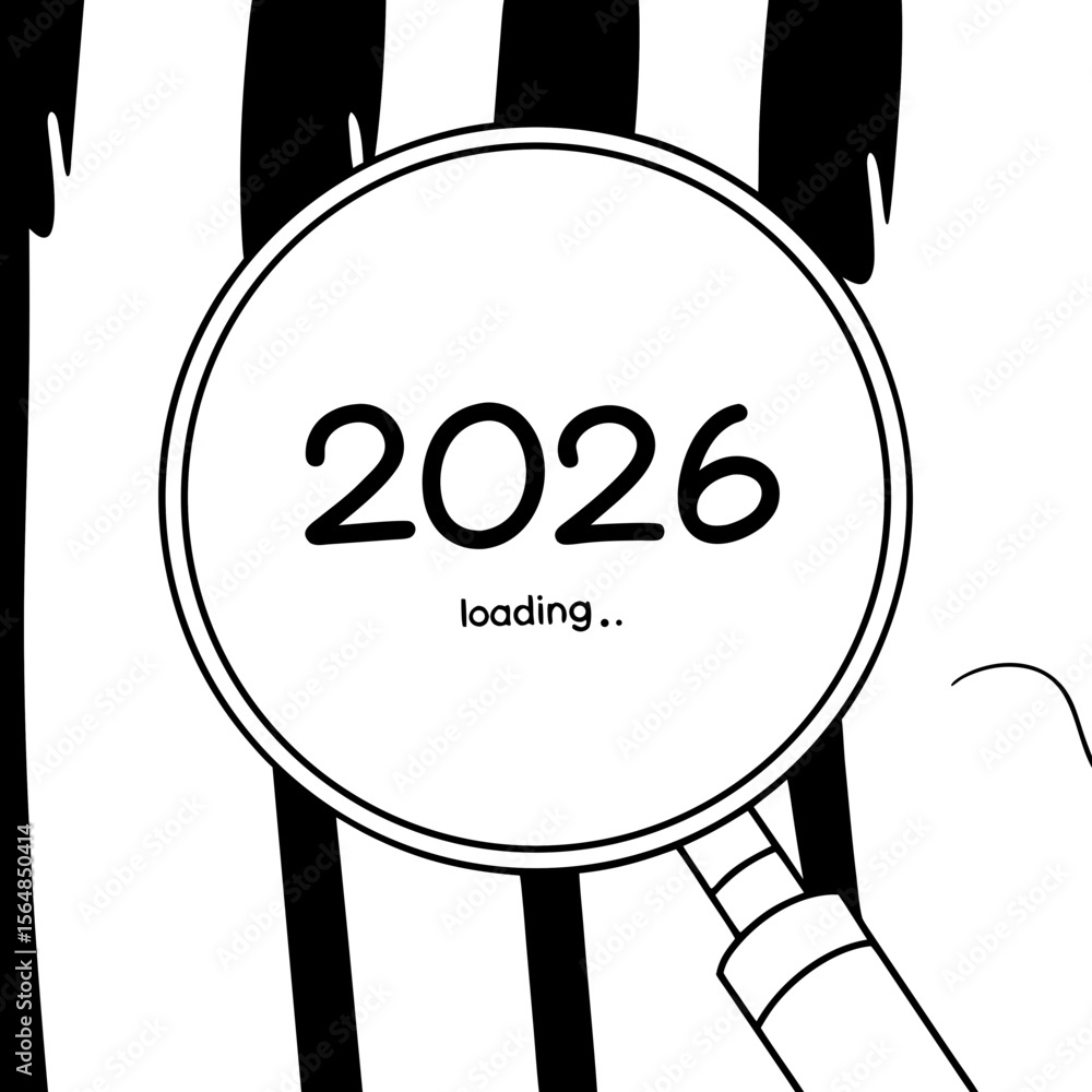 Poster the year 2026 loading under a magnifying glass isolated on white background
