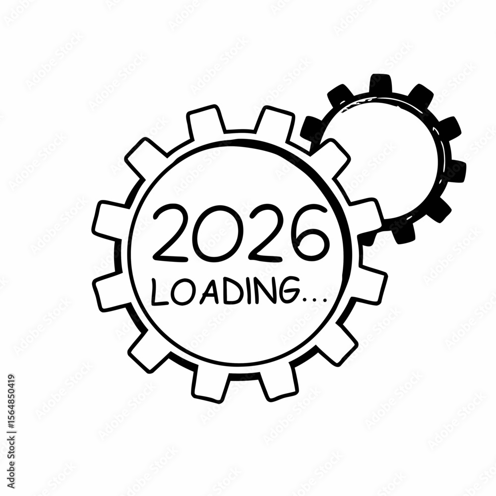 Aufkleber the year 2026 is loading with gears turning isolated on white background