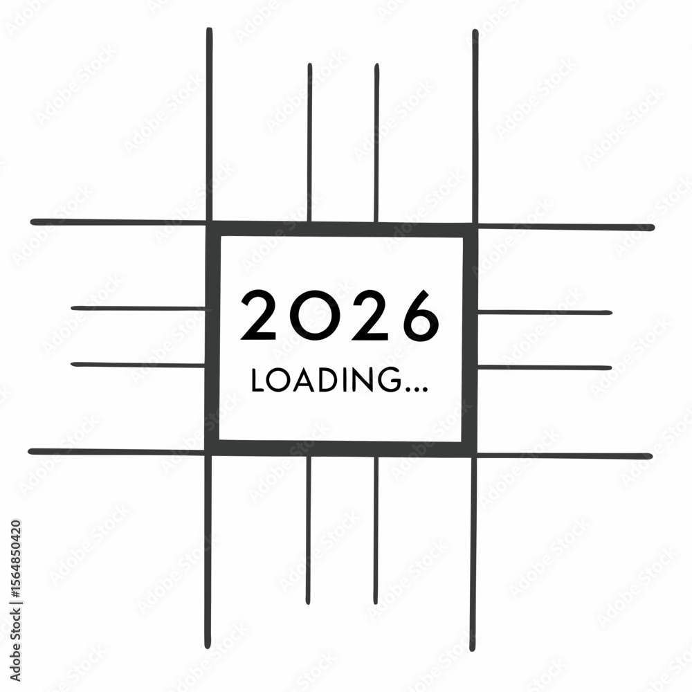 Poster the year 2026 loading in a square grid isolated on white background, a future tech