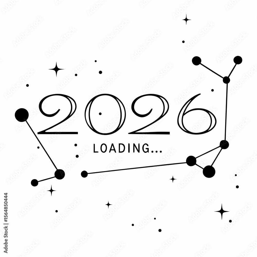 Poster the year 2026 loading with constellations and stars isolated on white background