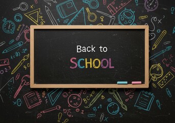 Back to school concept with school supplies, books, and chalkboard background. Education-themed flat lay for new academic year and learning inspiration.
