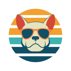 Bulldog Wearing Sunglasses on Retro Sunset