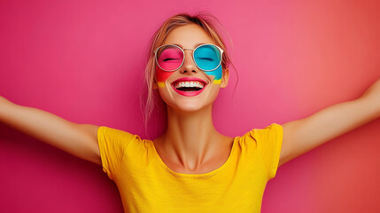 Cheerful Young Woman in Colorful Sunglasses Smiling Brightly Against Pink Backdrop