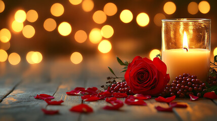 Romantic Setting with Glowing Candle, Red Rose, and Scattered Petals on Wooden Surface