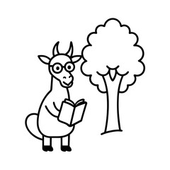 goat with glasses reading under a tree.