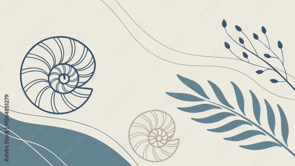Poster vector abstract image featuring shells and leaves in muted colors, evoking calm atmosphere