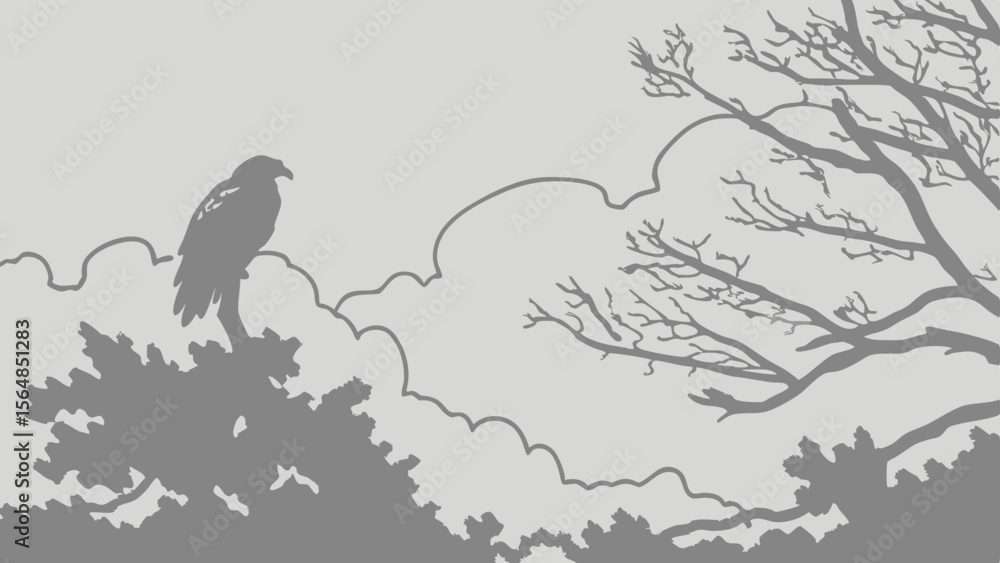 Poster vector serene grayscale image features bird perched on tree branch, surrounded by clouds