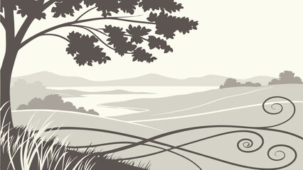 Fototapeta premium Vector Serene abstract landscape features soft neutral tones, showcasing tree and flowing lines
