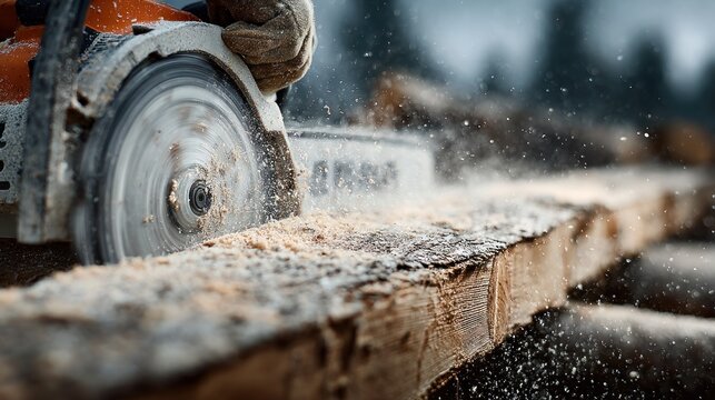 Precision Cutting: A Close-Up of a Circular Saw in Action with Wood Fragments
