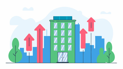 Vector Eco-friendly growth and sustainability Concept, Green building stands tall amidst cityscape, symbolizing