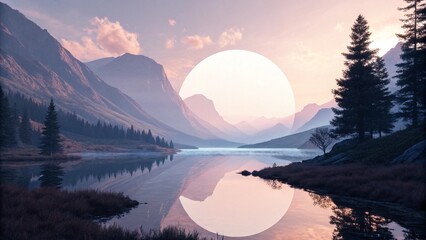Tranquil sunrise over a calm lake reflecting the blue sky and distant mountains, or a vibrant sunset painting the clouds over a mountain landscape