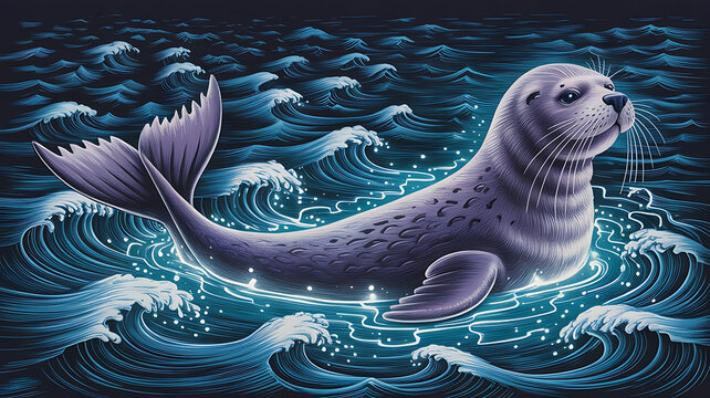 Purple seal glides through glowing waves.
