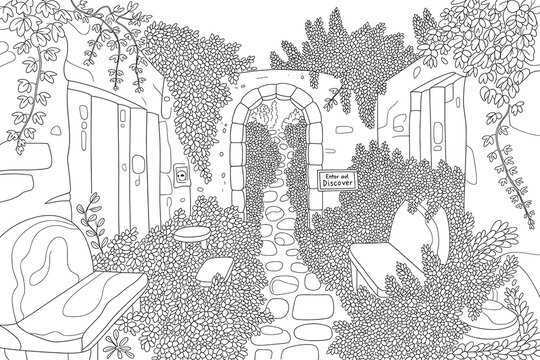 A stone alleyway overgrown with vines, shaded and peaceful.
