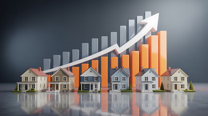 Property Value Surge: A miniature residential neighborhood, with an upward trending graph that shows the soaring increase of property's worth in the real estate.