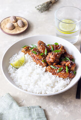 Chicken wings in teriyaki sauce with rice, sesame and onion. Asian food.