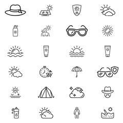 Collection of summer vacation related icons including sun protection and beach accessories line art