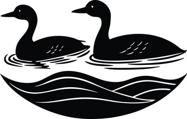 Birds swimming peacefully in lake silhouette