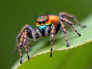 Fototapeta premium Colorful Jumping Spider on Green Leaf – Macro Photography