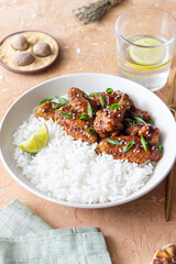 Chicken wings in teriyaki sauce with rice, sesame and onion. Asian food.