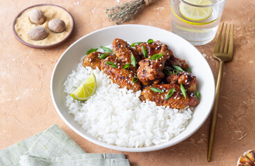 Chicken wings in teriyaki sauce with rice, sesame and onion. Asian food.