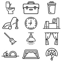Outline drawing showing toilet, briefcase, trash can, vacuum, clock, and other household items icons