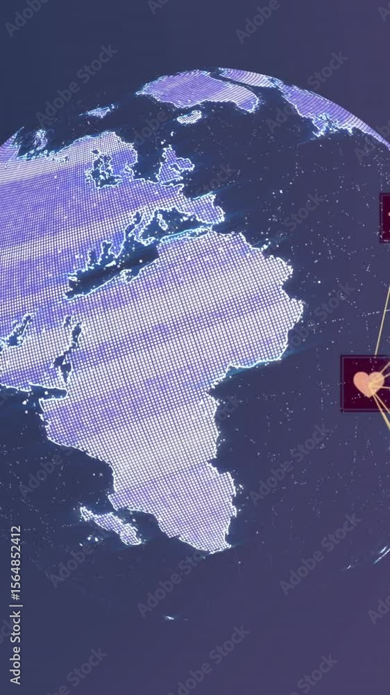 Poster animation of network of digital icons over spinning globe against purple gradient background