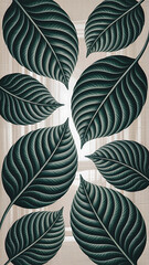 Dark green leaves, intricate patterns, a light beige background.
