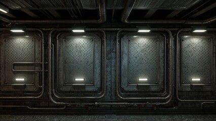 Obraz premium Intricate sci-fi industrial wall with illuminated textures