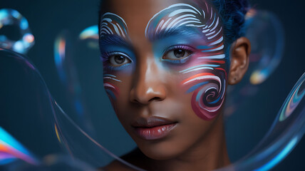 Woman with vibrant face paint, surrounded by swirling colors.
