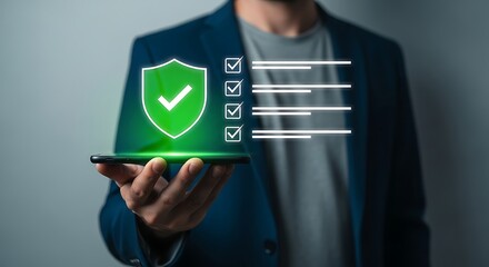 Neon green glowing shield springs to life atop a sleek phone held by a hand in blazer digital checklist secure app