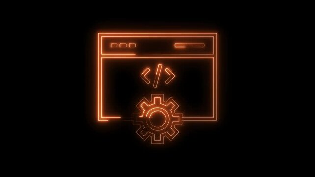 Neon website development code gear icon animation on black background glowing orange
