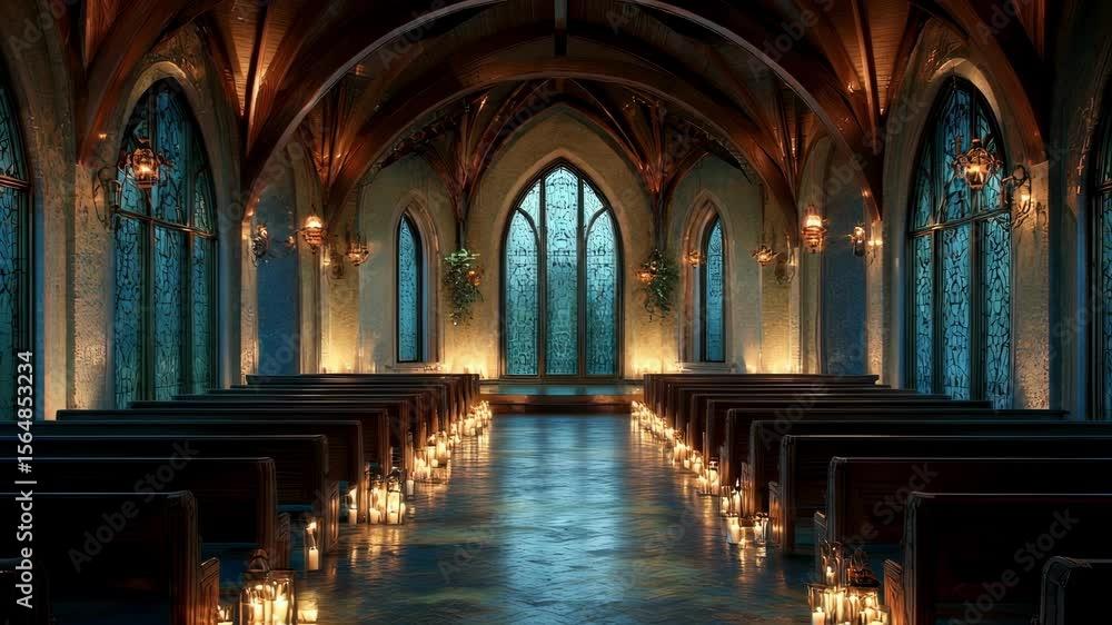 Aufkleber light twilight pours through arched windows crepuscule chapel, creating ethereal atmosphere mingles 