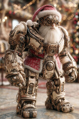Robot chrome exoskeleton Santa Claus stands near a decorated quantum fir tree in festive setting
