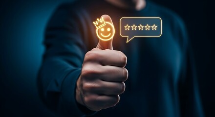Person gives thumbs up with crowned smiley face glowing gold next to speech bubble of five stars radiating against a