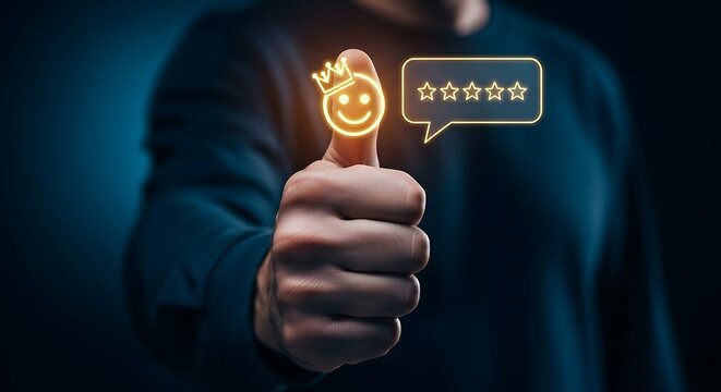Person gives thumbs up with crowned smiley face glowing gold next to speech bubble of five stars radiating against a