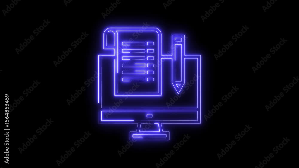 Poster neon online form on computer screen glows with a pen editing document