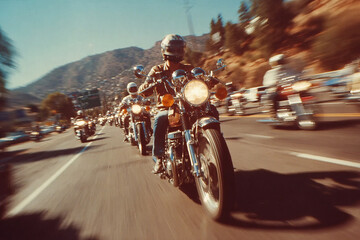 Modern bikers ride in a large group along a highway on a hot summer day