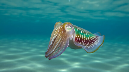 Colorful squid swims in shallow, turquoise water.
