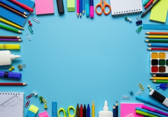 Back to school concept with school supplies, books, and chalkboard background. Education-themed flat lay for new academic year and learning inspiration.