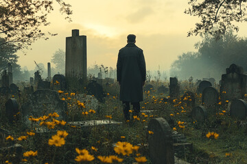 Silhouette of a soldier at a military cemetery in a foggy morning with flowers blooming