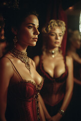 Courtesans in dramatic lighting explore themes of intimacy and power in a lavish historical setting