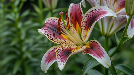 Obraz premium A vibrant, spotted lily in shades of red, pink, and white. 