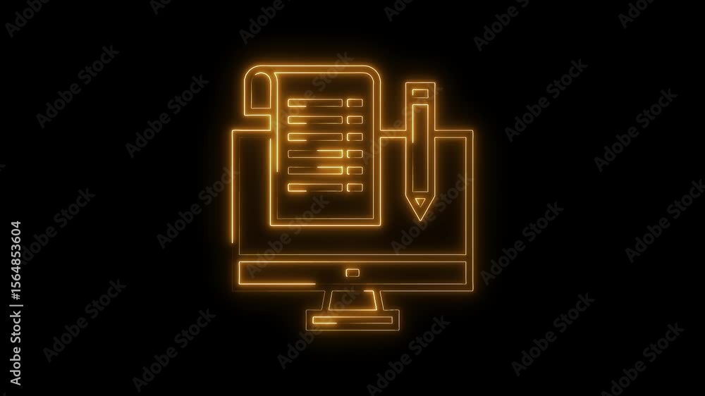 Poster online form submission glowing neon outline on computer screen with pencil for digital business