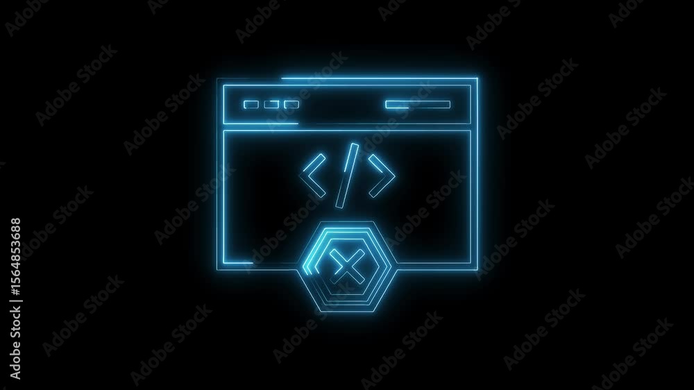 Aufkleber blue neon code error window with crossed out hexagon on black background