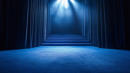 Blue Carpeted Stage with Spotlight and Stairs